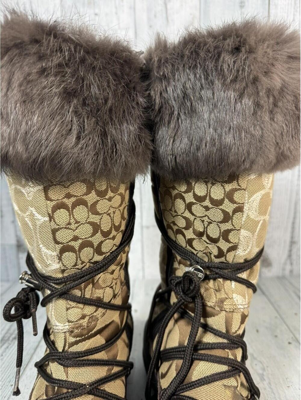 Coach Laurilyn Brown/ Tan Patchwork Fur Trim Winter Designer Boots Side Zip - Picture 8 of 9